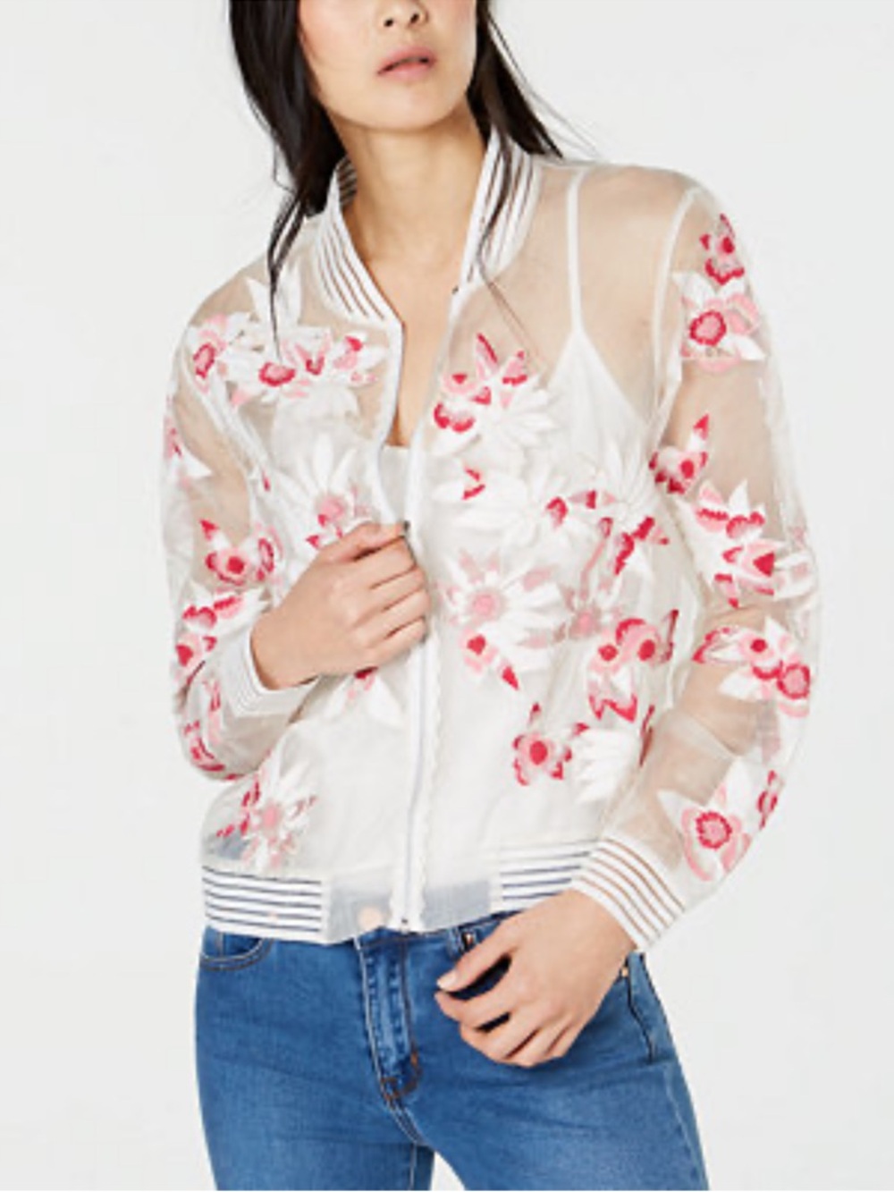 Elie Tahari Sheer Floral Embroidered Bomber Jacket - White & Pink - Picture 13 of 13